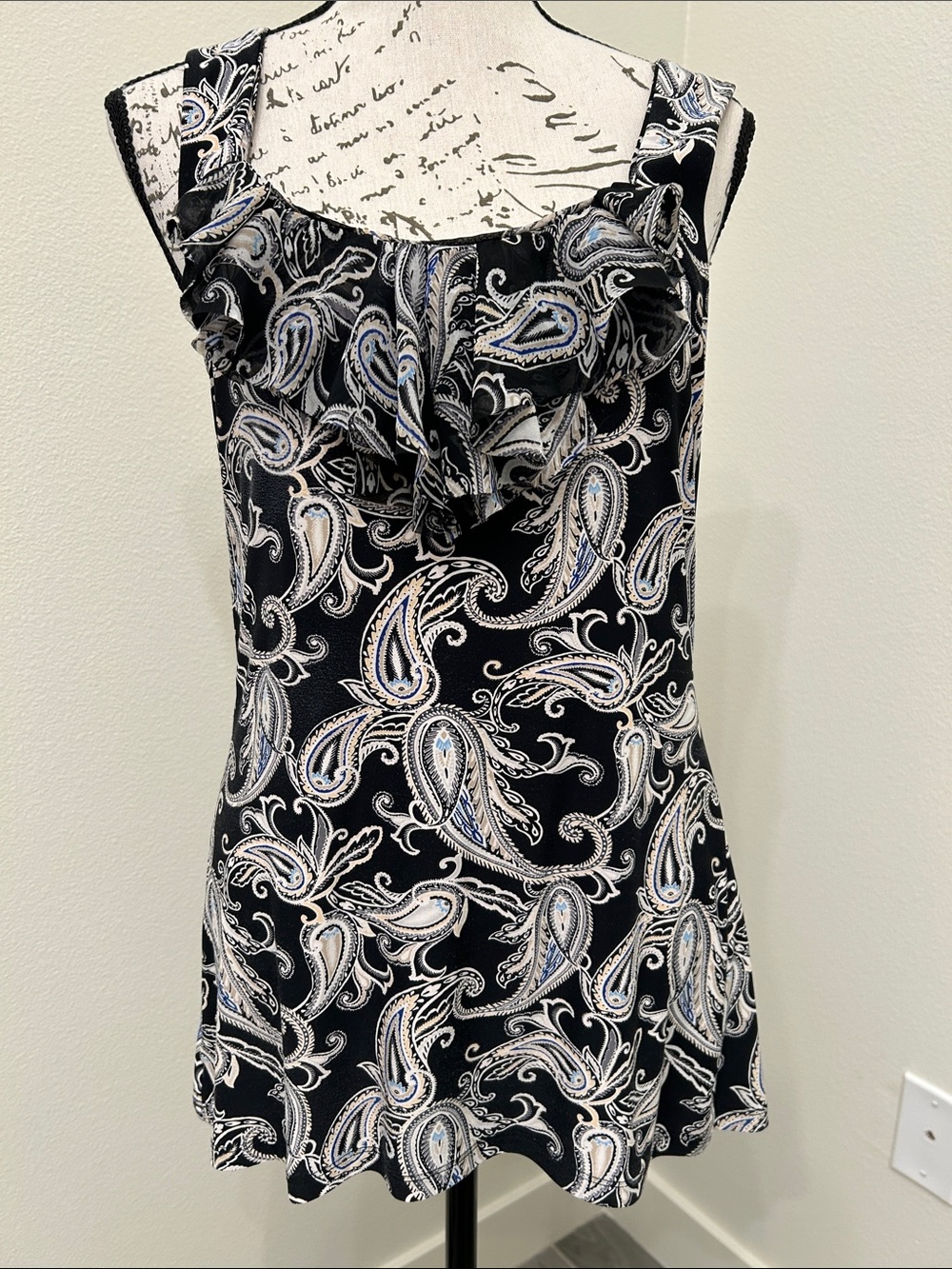 WHBM Black Paisley Ruffle Neck Tank Top